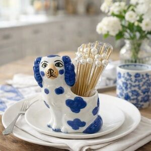 Vintage Style Staffordshire Dog Cocktail Pick Holder w/ 20 Picks Purple Ceramic